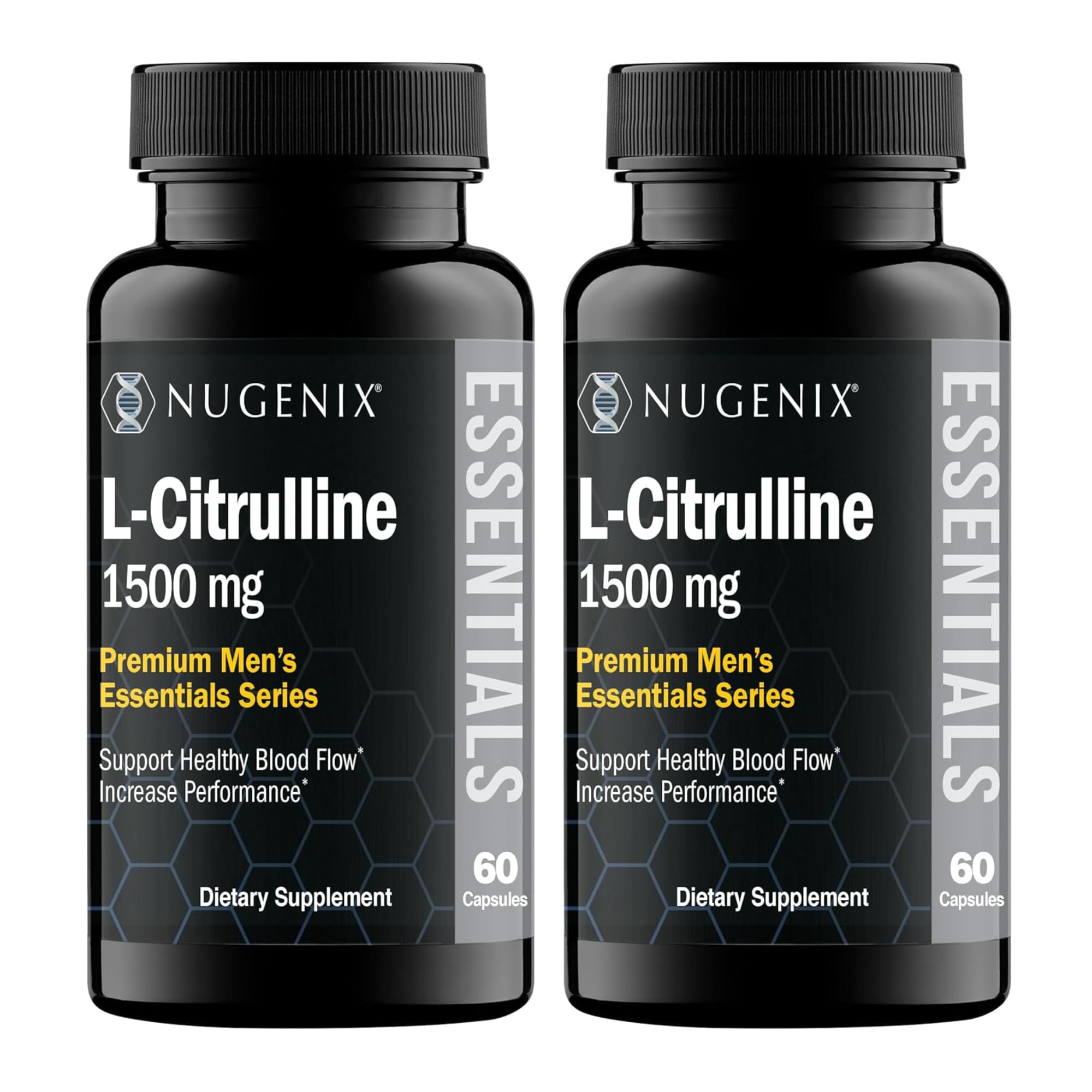 Nugenix Essentials L-Citrulline bottle with 120 capsules for daily blood flow support.