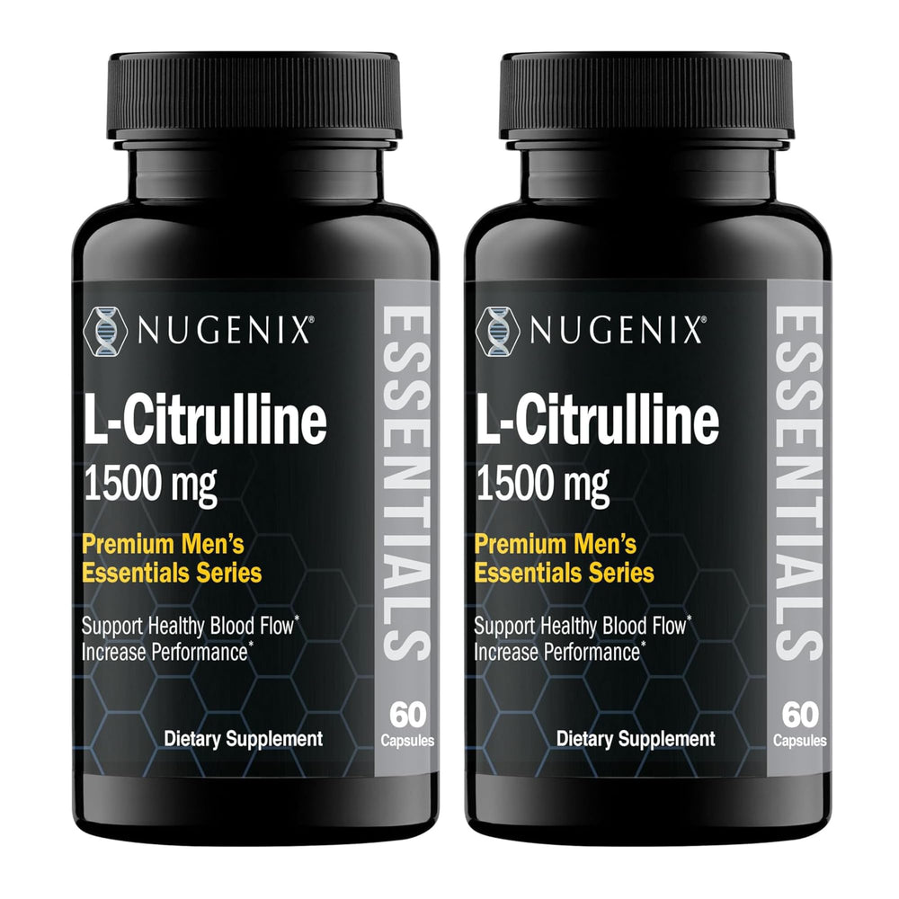 Nugenix Essentials L-Citrulline bottle with 120 capsules for daily blood flow support.