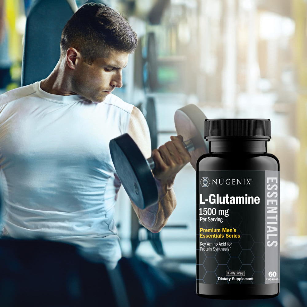 Label packaging of Nugenix Essentials L-Glutamine highlights clean ingredients