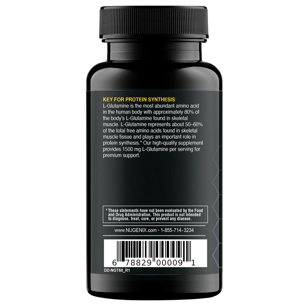 Serving scene with Nugenix L-Glutamine capsules and glass for intake