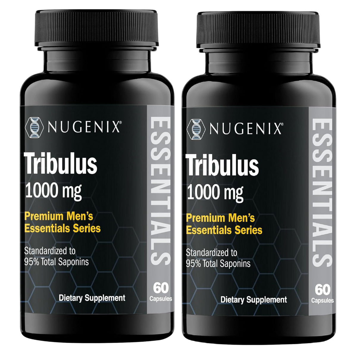 Nugenix Essentials Tribulus bottle label shows 1000mg plant-derived extract for daily vitality.