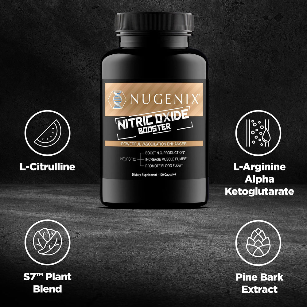 Nugenix Nitric Oxide Booster packaging highlighting Pine Bark extract