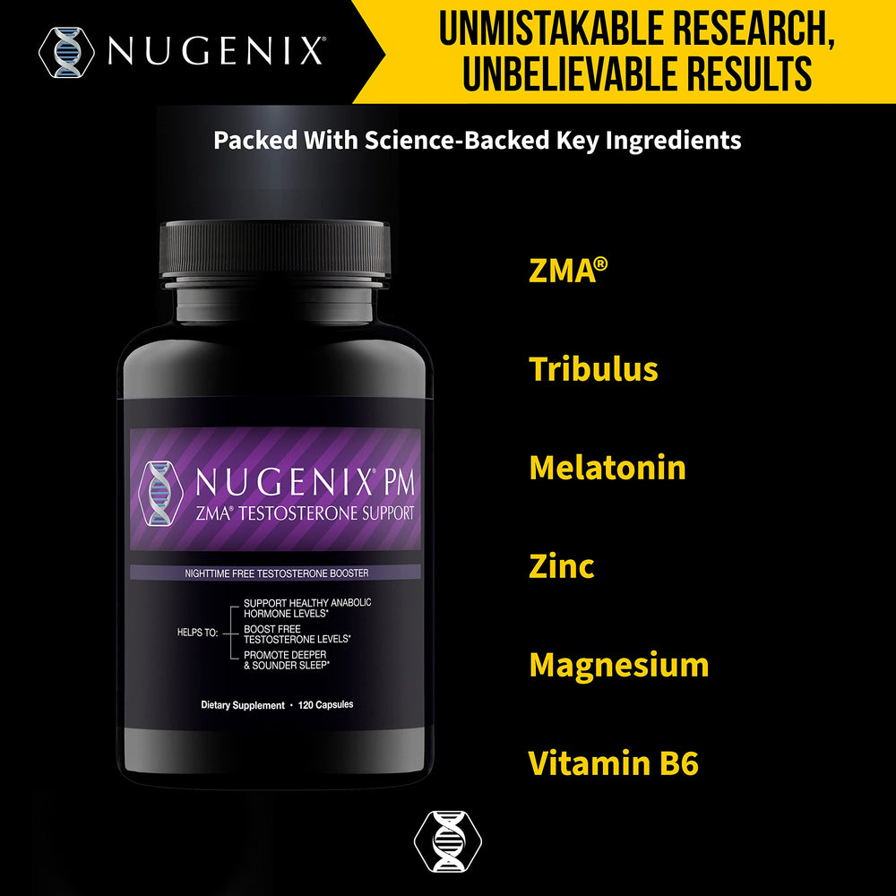 Bedtime routine scene featuring Nugenix PM ZMA for nighttime support.