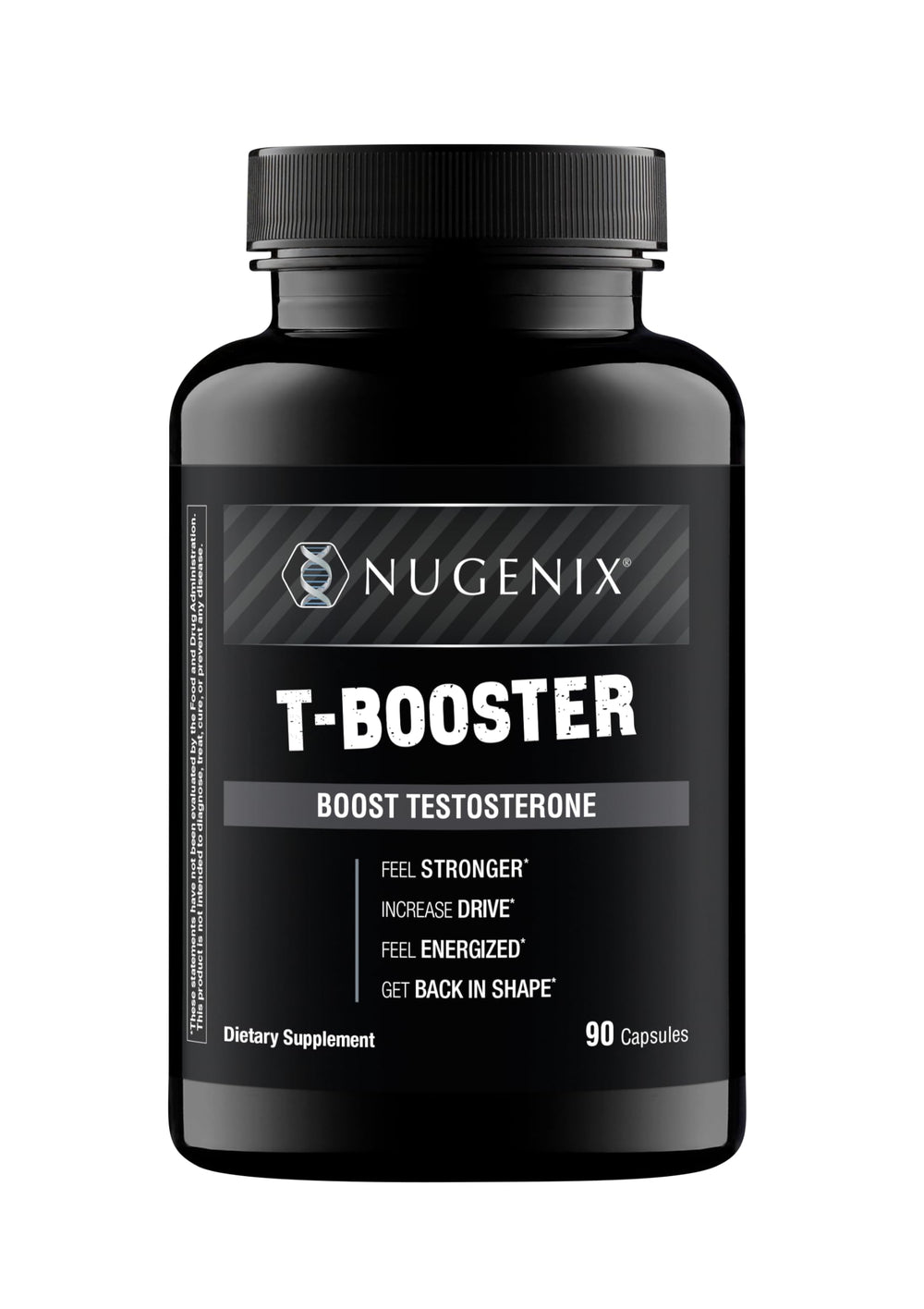 Nugenix T Booster bottle label highlights premium formula for daily energy and performance support.