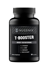 Nugenix T Booster bottle label highlights premium formula for daily energy and performance support.