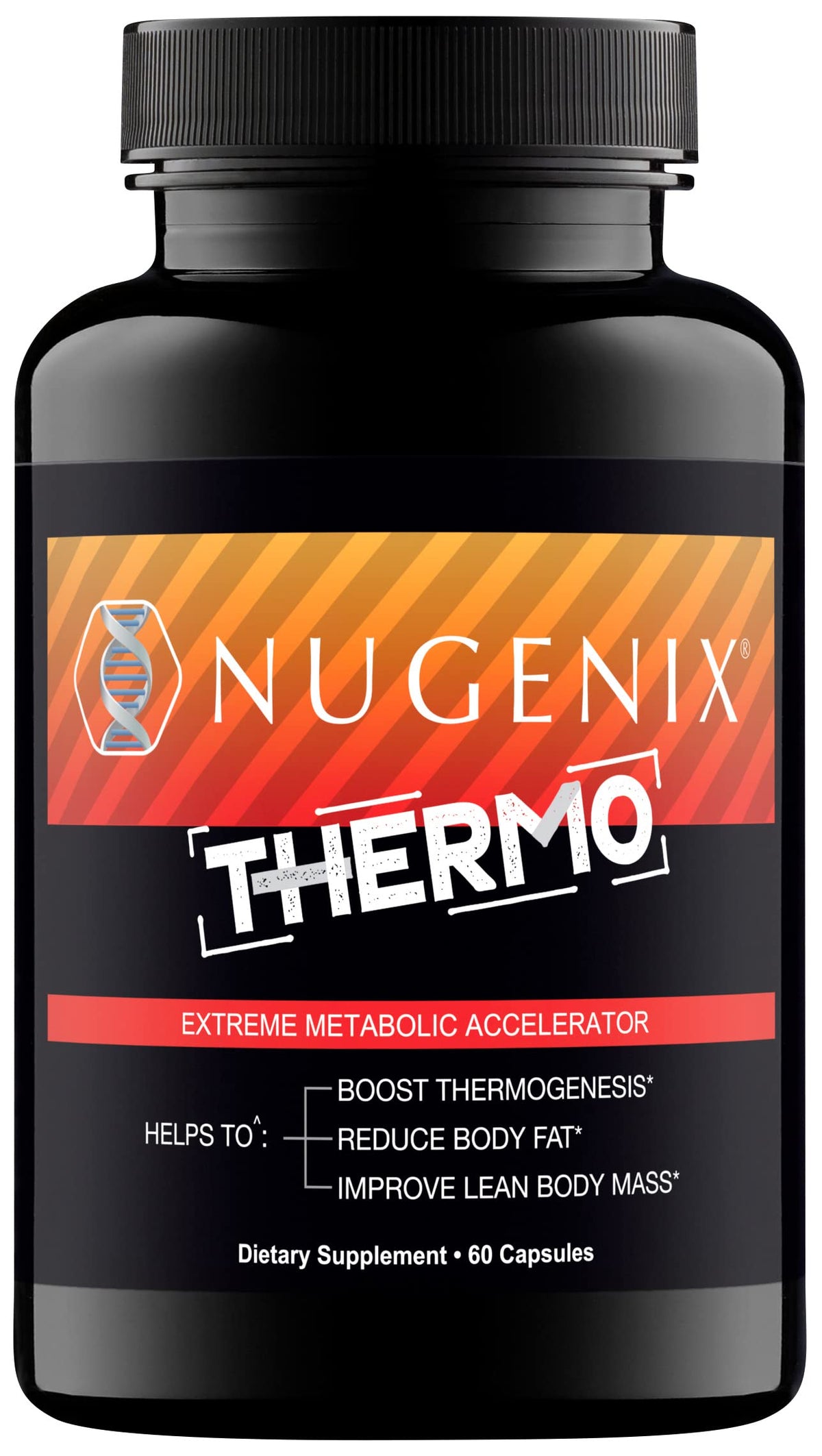 Nugenix Thermo bottle front shows a sleek design for convenient daily energy support.