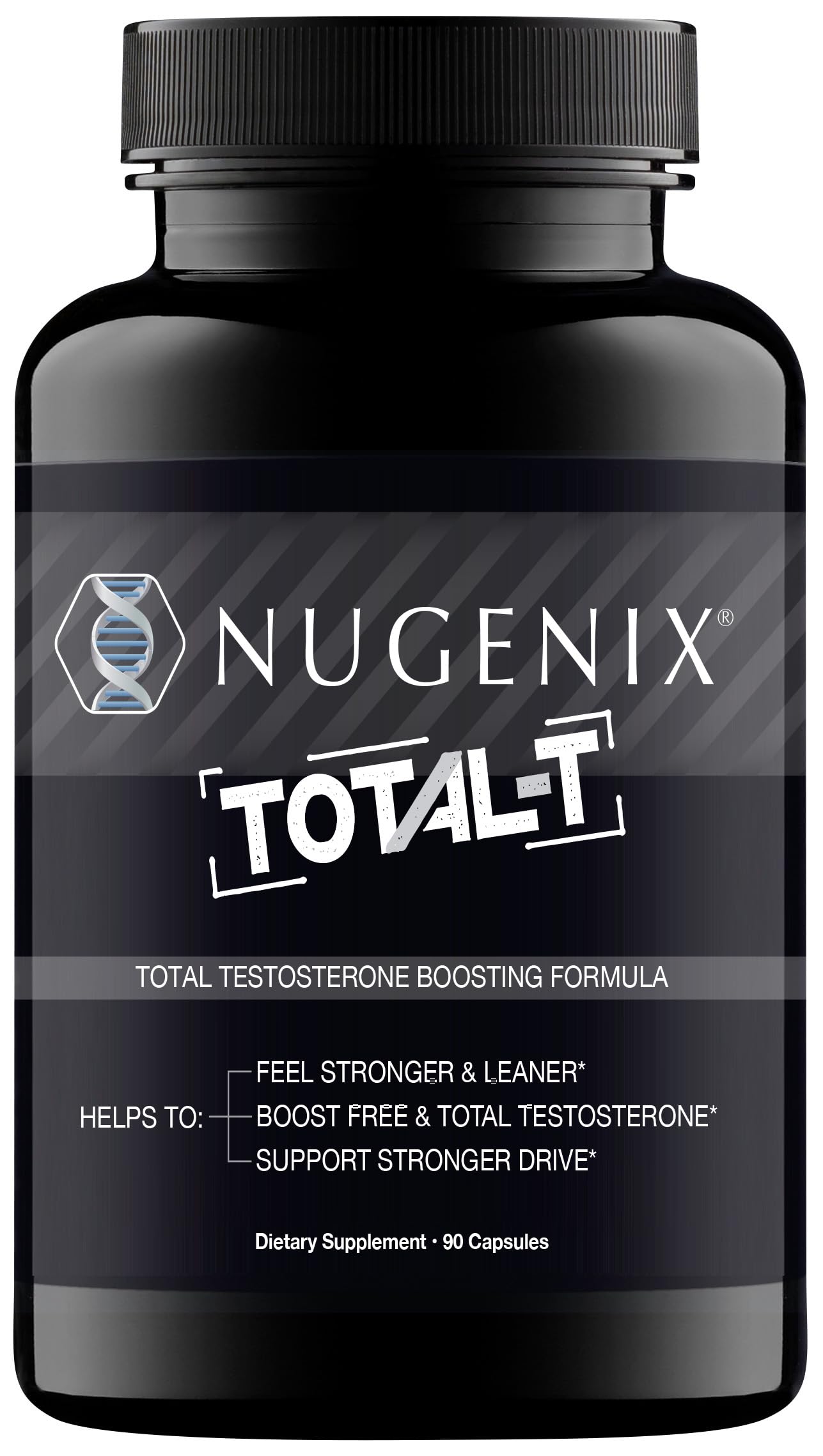 Nugenix Total-T bottle front with energy and performance support for workouts.