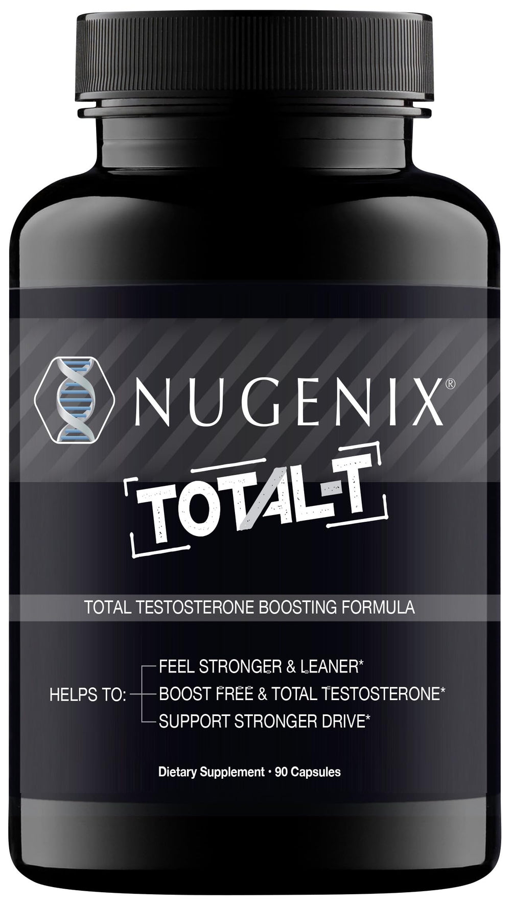 Nugenix Total-T bottle front with energy and performance support for workouts.