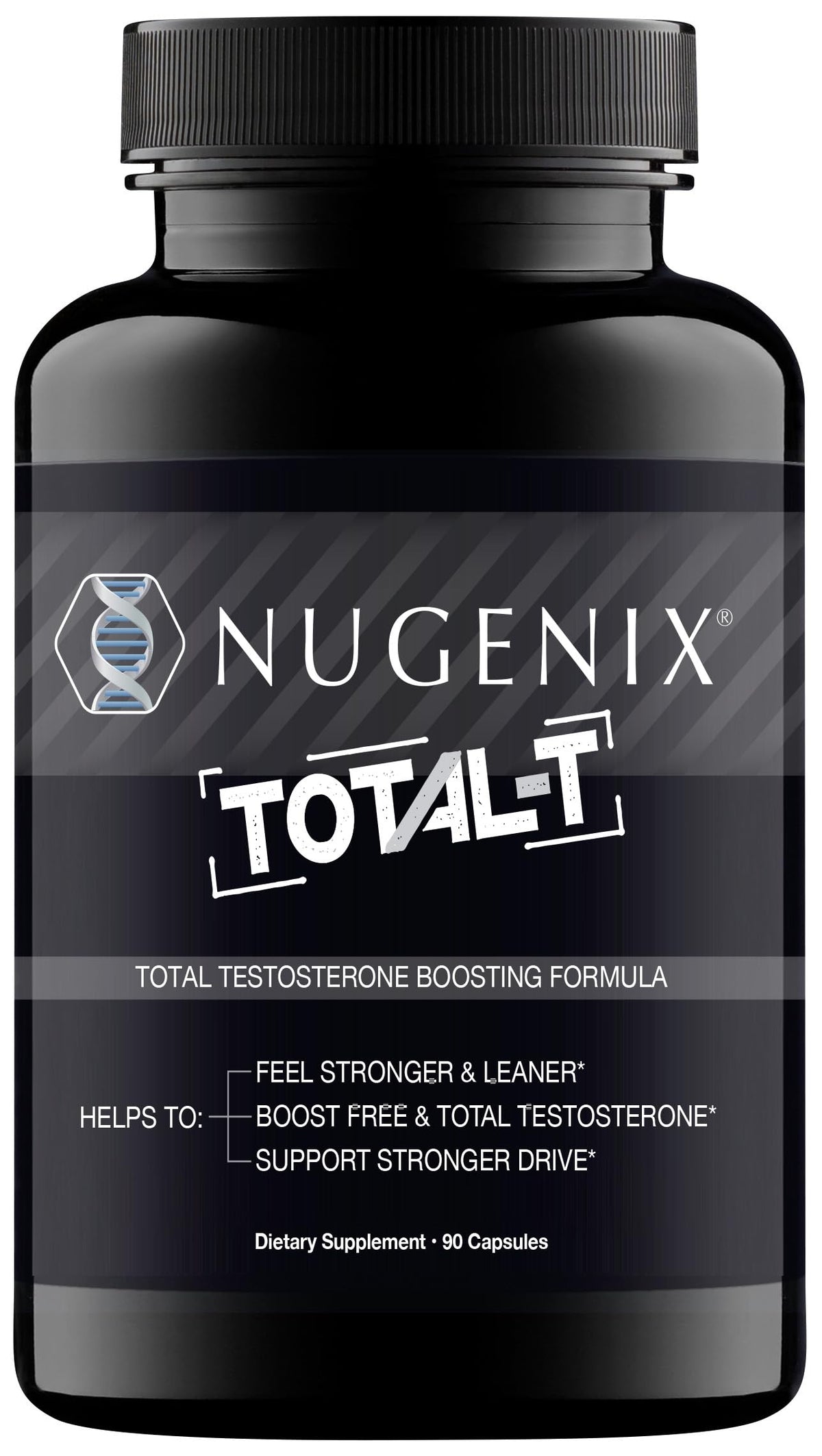 Nugenix Total-T bottle front with energy and performance support for workouts.