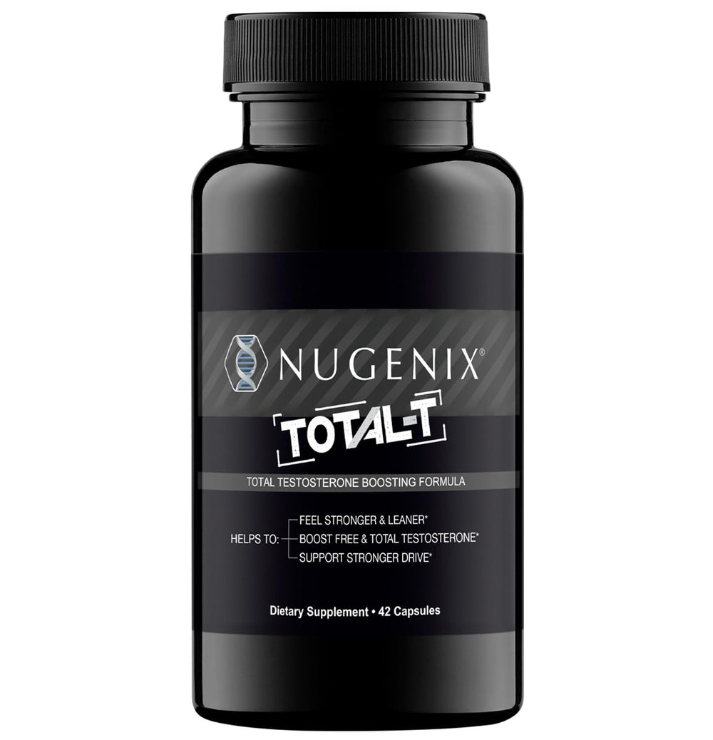 Nugenix Total-T bottle front view highlighting testosterone support for workouts.