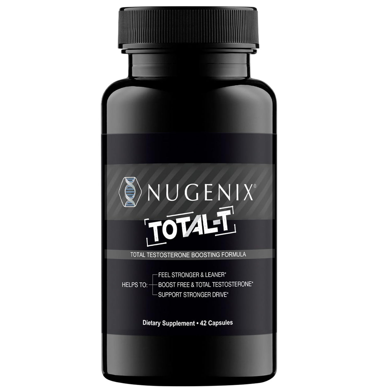 Nugenix Total-T bottle front view highlighting testosterone support for workouts.