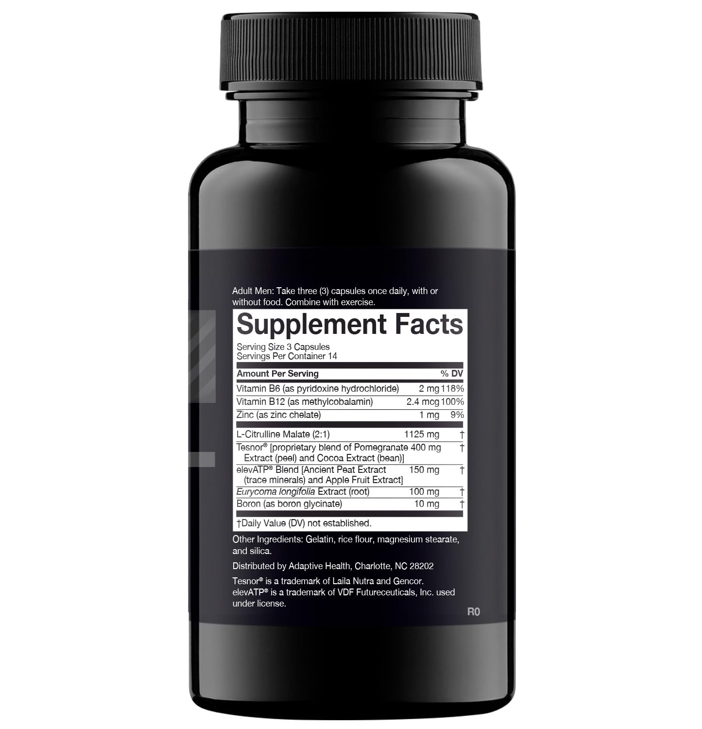 Nugenix Total-T bottle label close-up showing Tesnor, elevATP, boron ingredients.