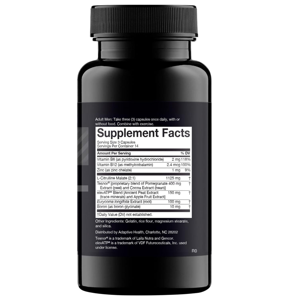 Nugenix Total-T bottle label close-up showing Tesnor, elevATP, boron ingredients.