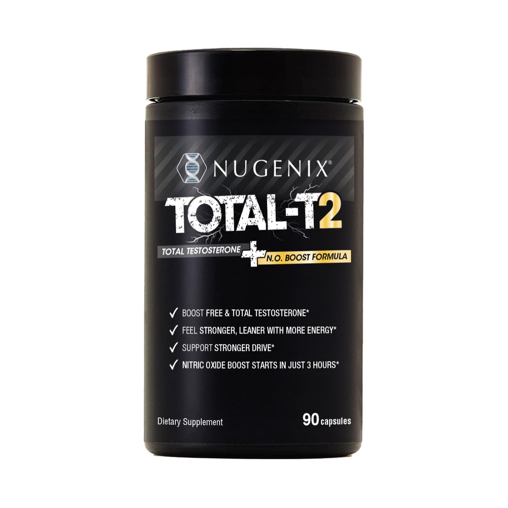 Nugenix Total-T2 bottle front view highlighting premium testosterone and NO support