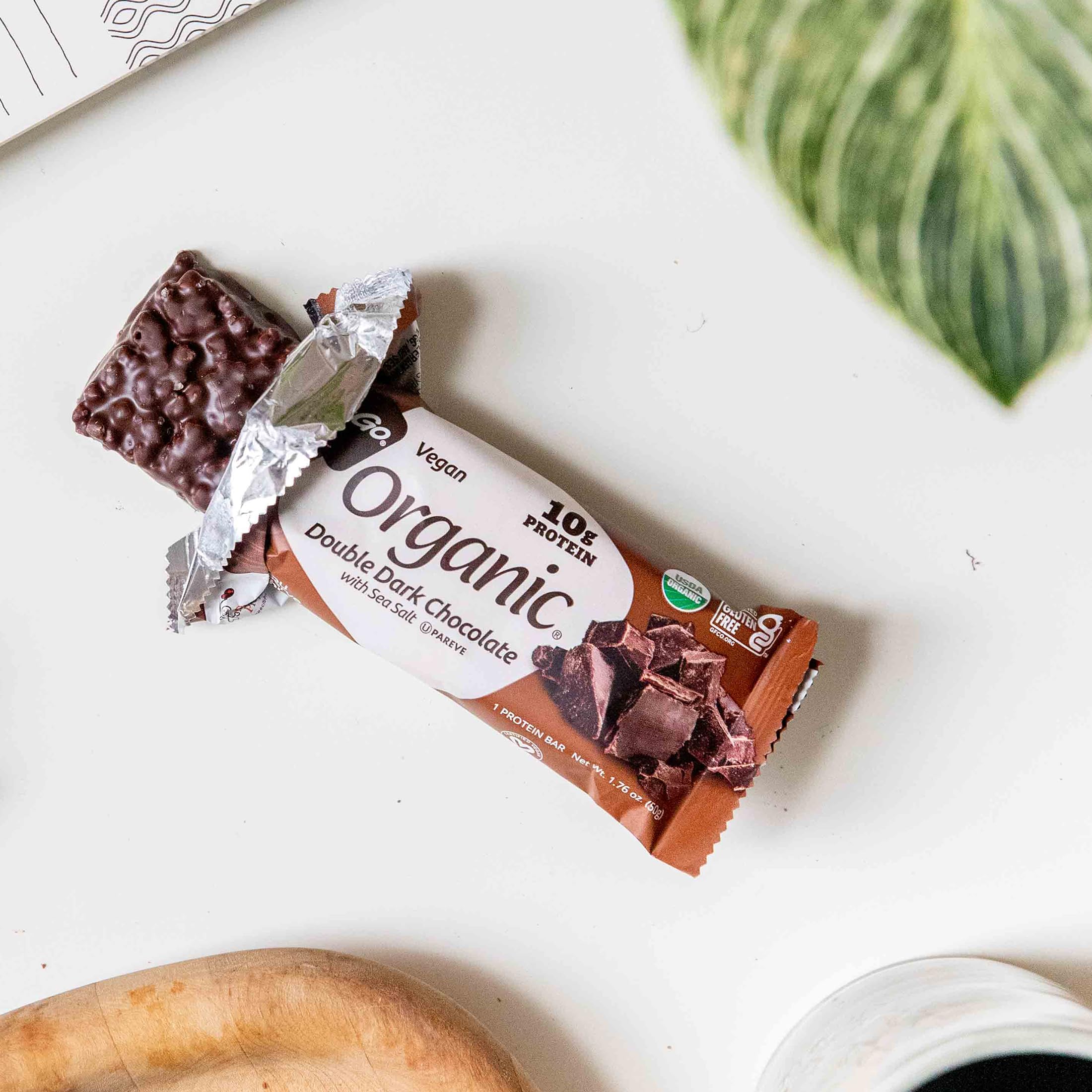 NuGo Organic real dark chocolate coating on a wrapped bar