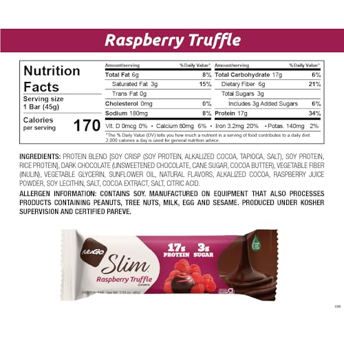 NuGo Slim bar close-up reveals glossy dark chocolate and raspberry filling.