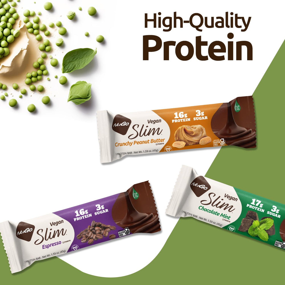 NuGo Slim side view showcases compact bar with high fiber and low net carbs.