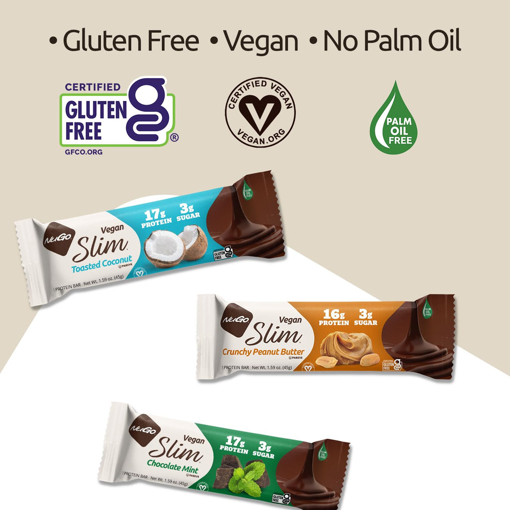 NuGo Slim vegan gluten-free label appeals to dietary needs.