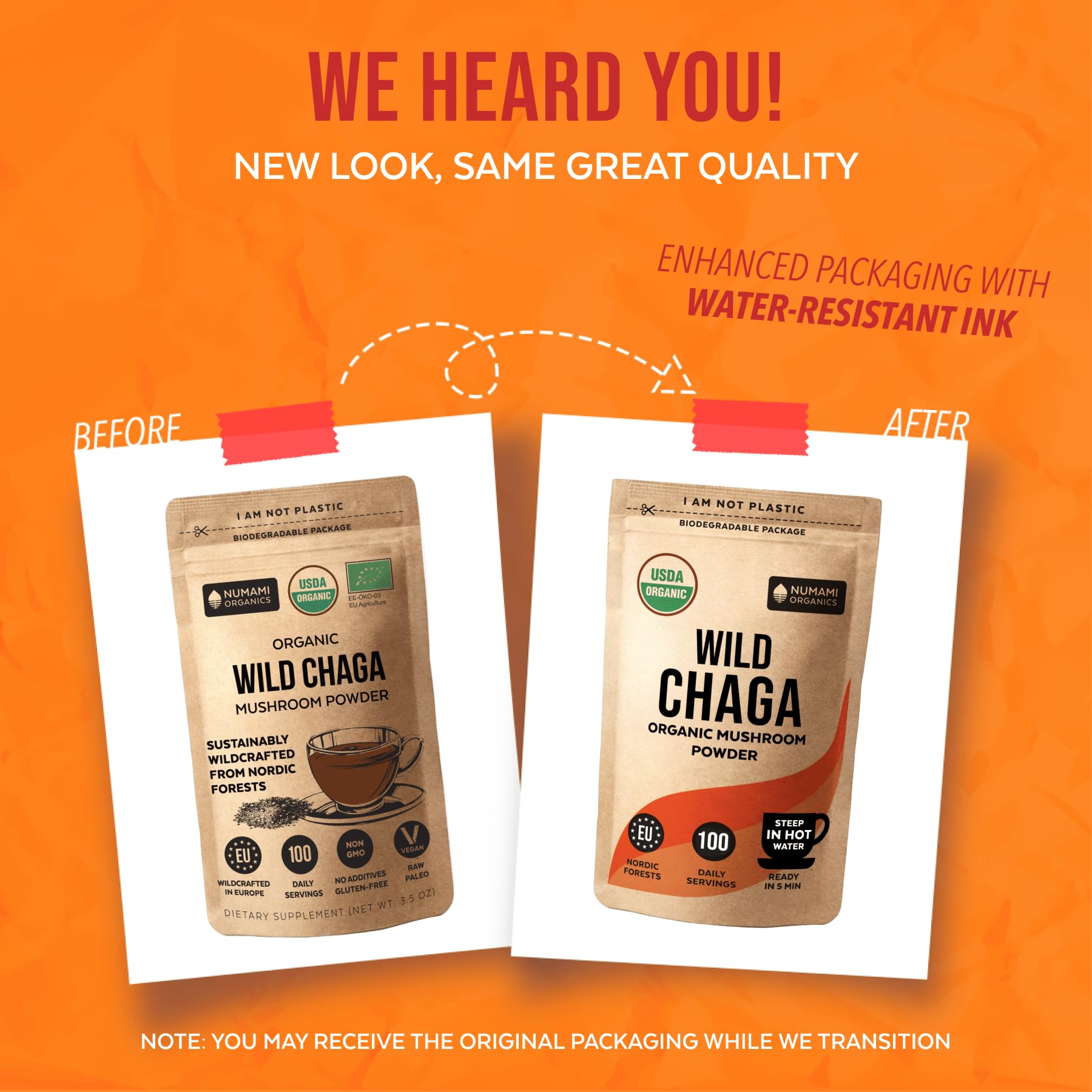 Numami Chaga powder packaging made from biodegradable materials