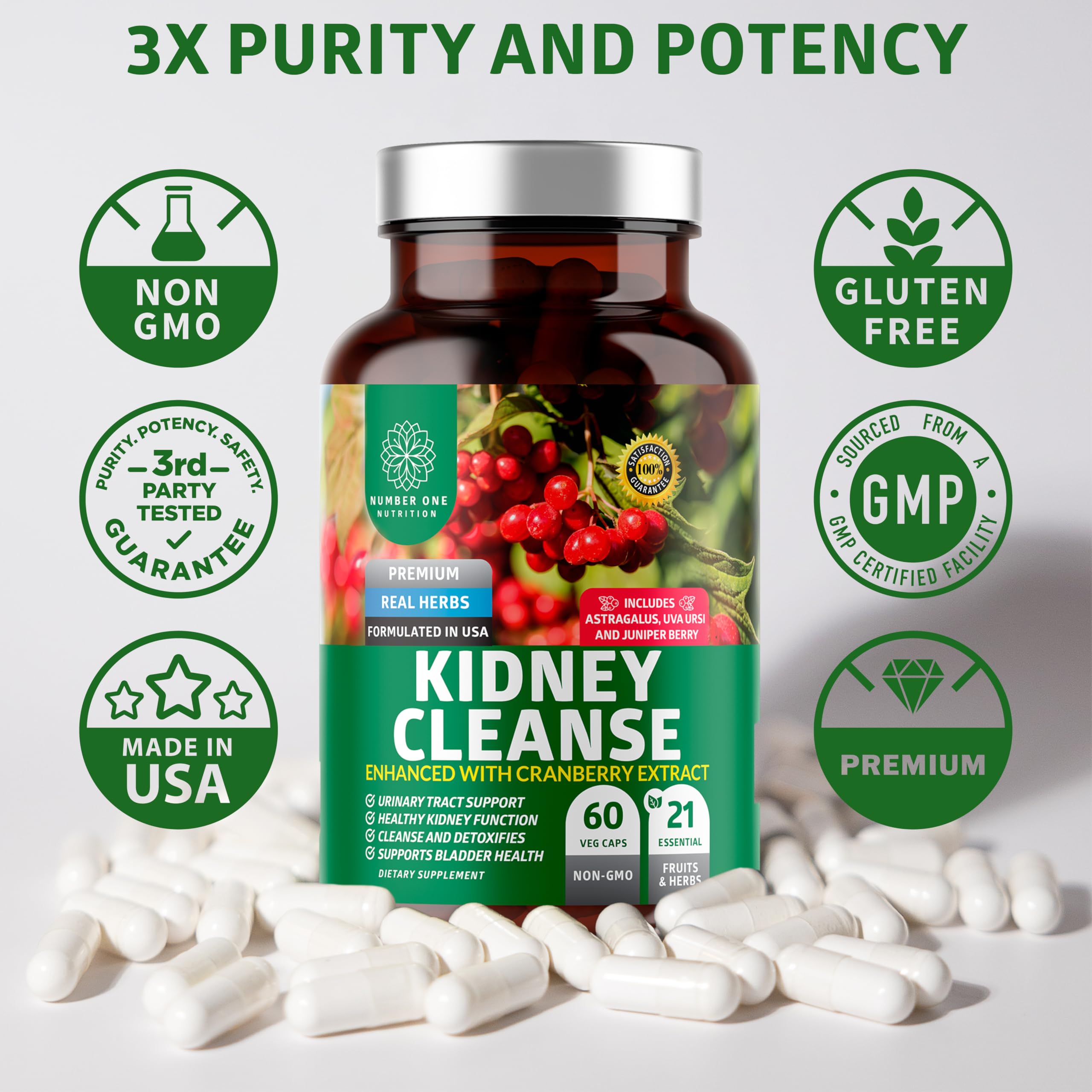 Number One Nutrition N1N Kidney Cleanse bottle pour shows easy daily intake for ongoing kidney care.
