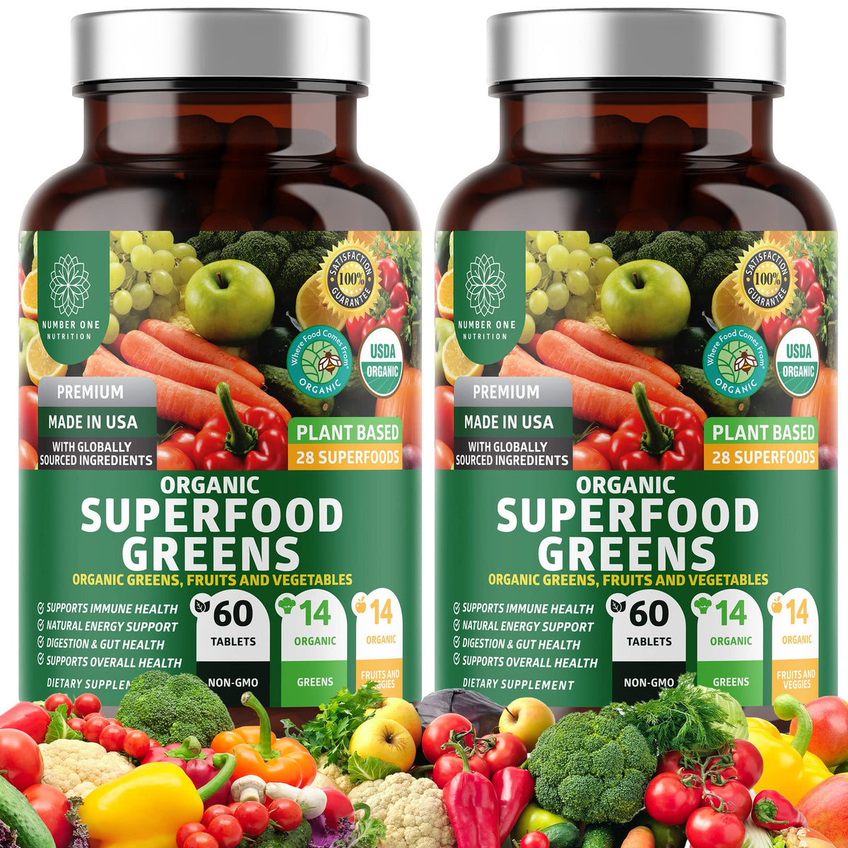 Number One Nutrition Green Superfood bottle front shows packaging for energy support