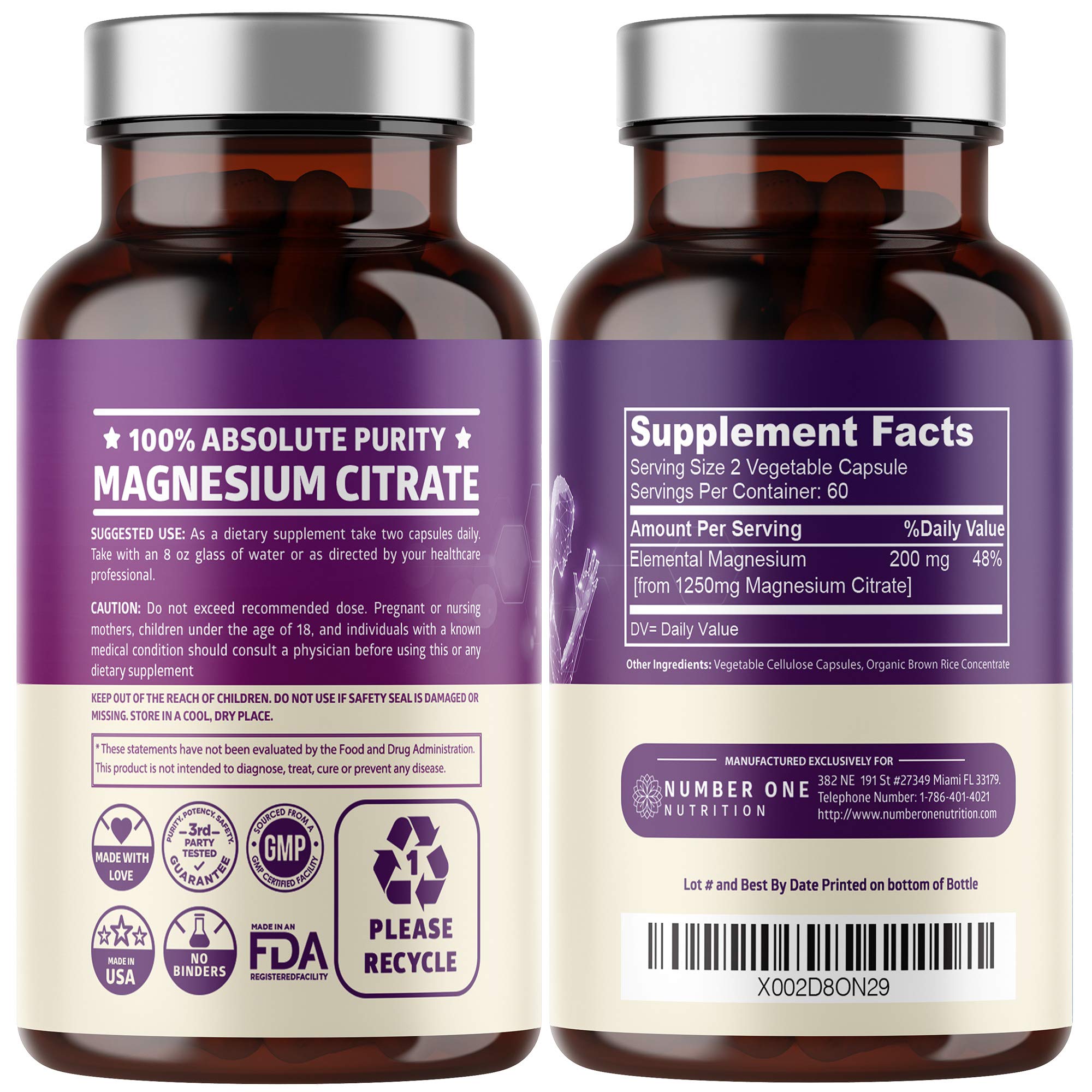 Number One Nutrition magnesium citrate bottle displaying convenient 120-capsule pack.