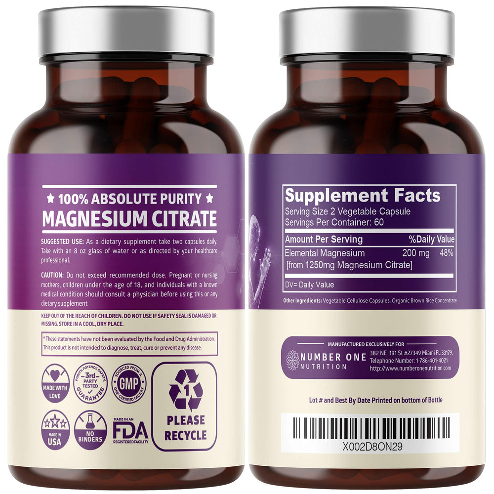 Number One Nutrition magnesium citrate bottle displaying convenient 120-capsule pack.