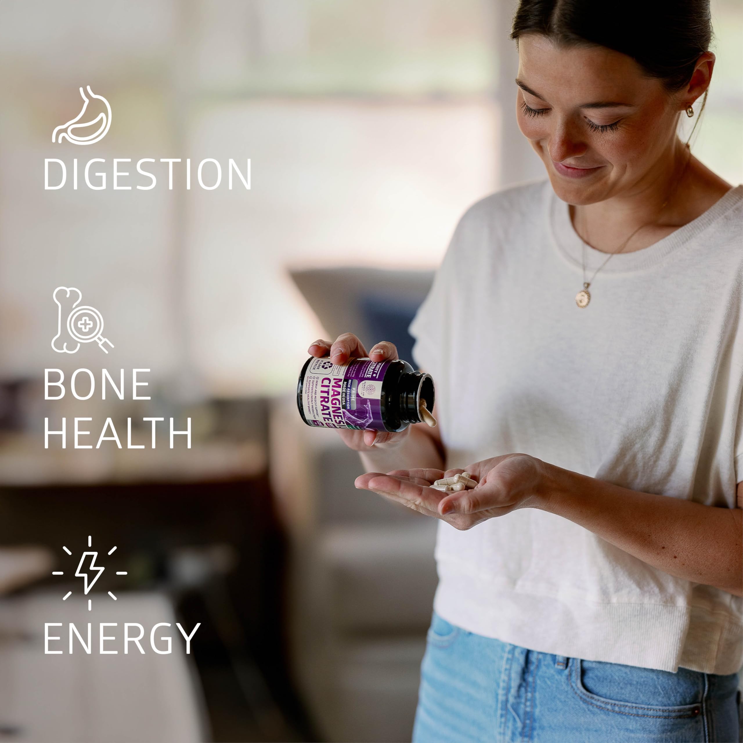 Close-up of Number One Nutrition magnesium citrate capsules highlighting easy swallow.