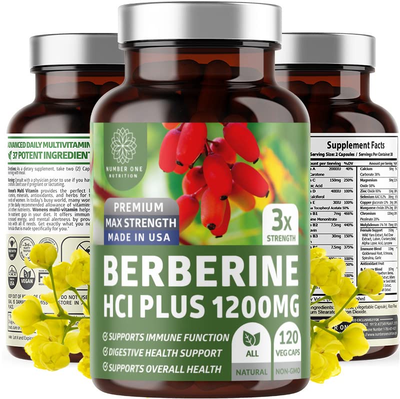 Number One Nutrition N1N Premium Berberine Plus bottle shows 1200mg potency for daily wellness