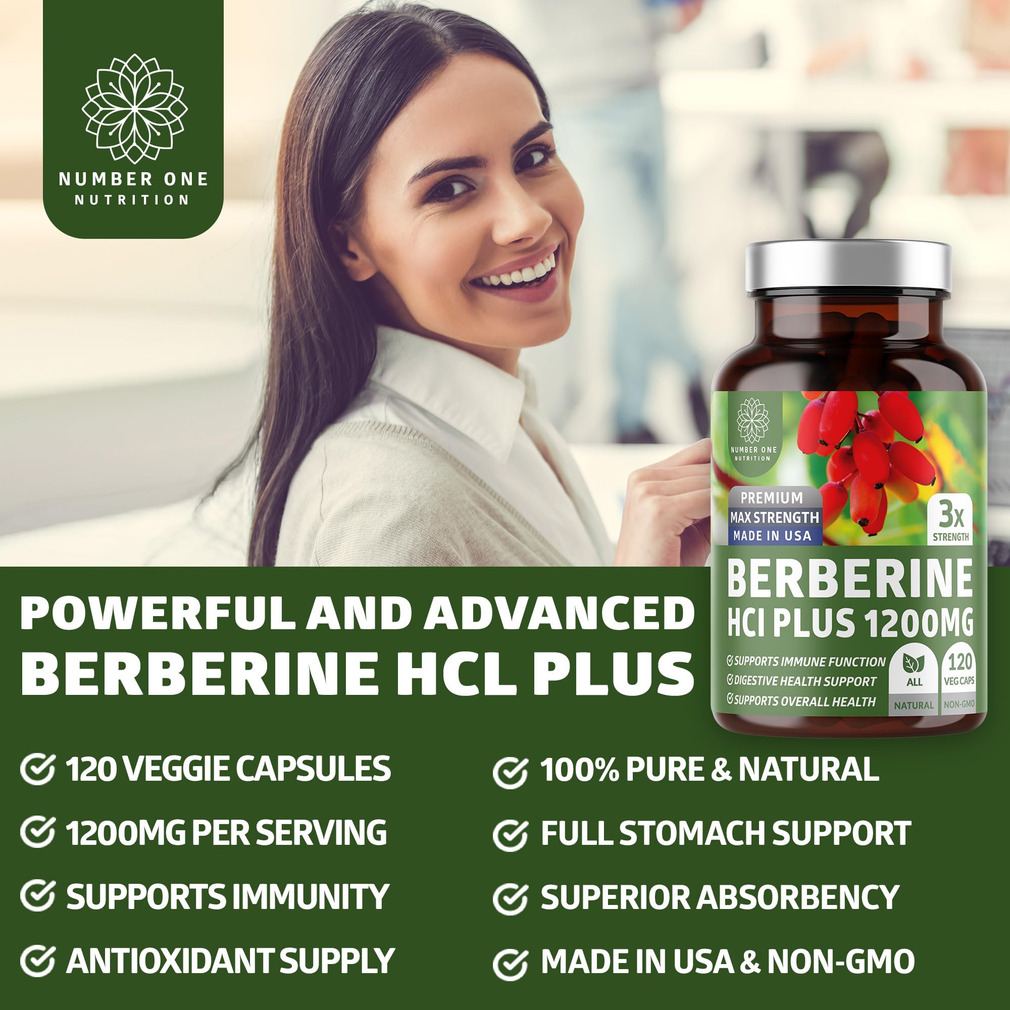 Number One Nutrition N1N Premium Berberine Plus label highlights Berberis Aristata for immune support