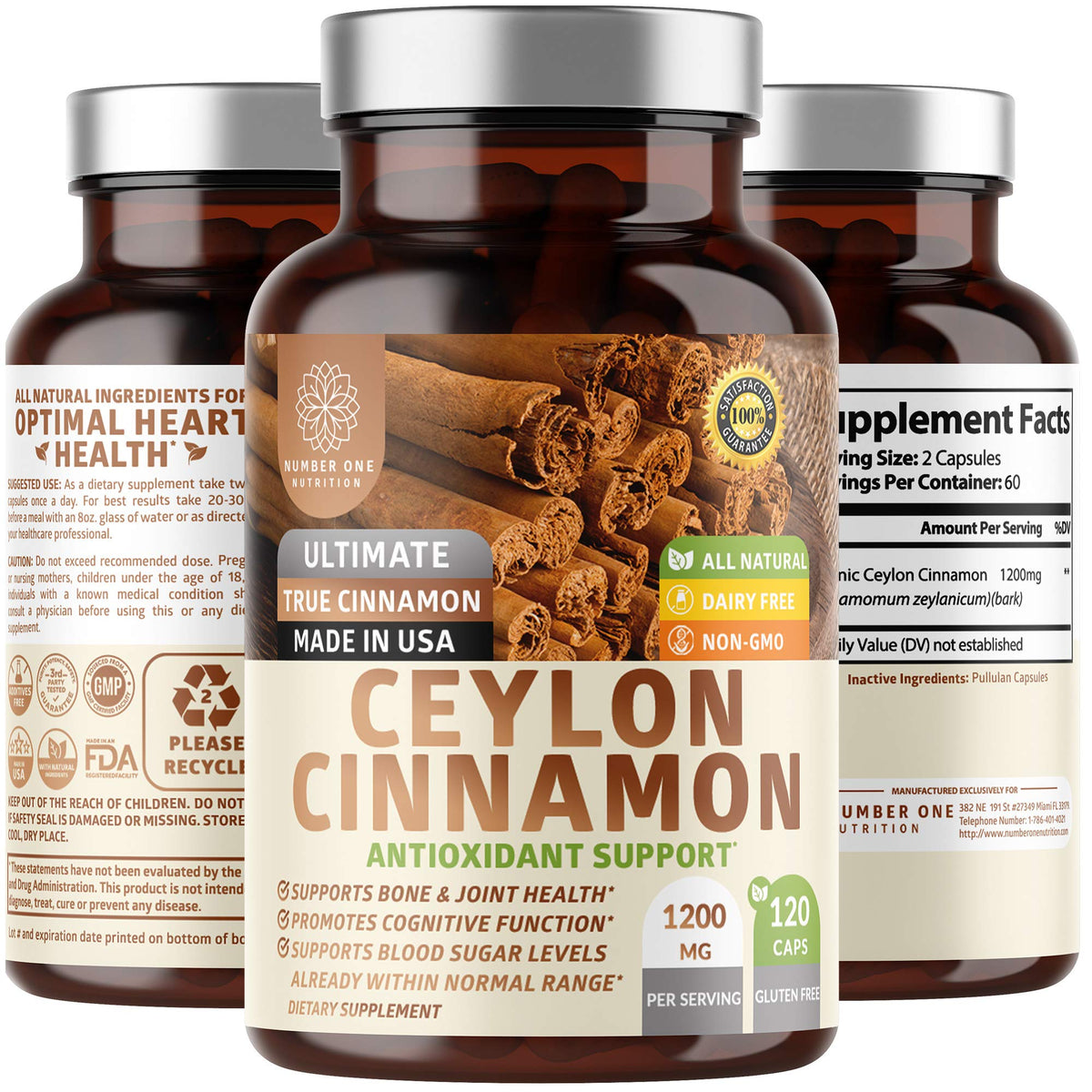 Number One Nutrition N1N Premium Ceylon Cinnamon bottle supports daily circulation and brain function.
