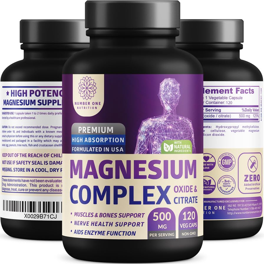 Number One Nutrition N1N Premium Magnesium bottle shows easy-to-swallow capsules for daily wellness.