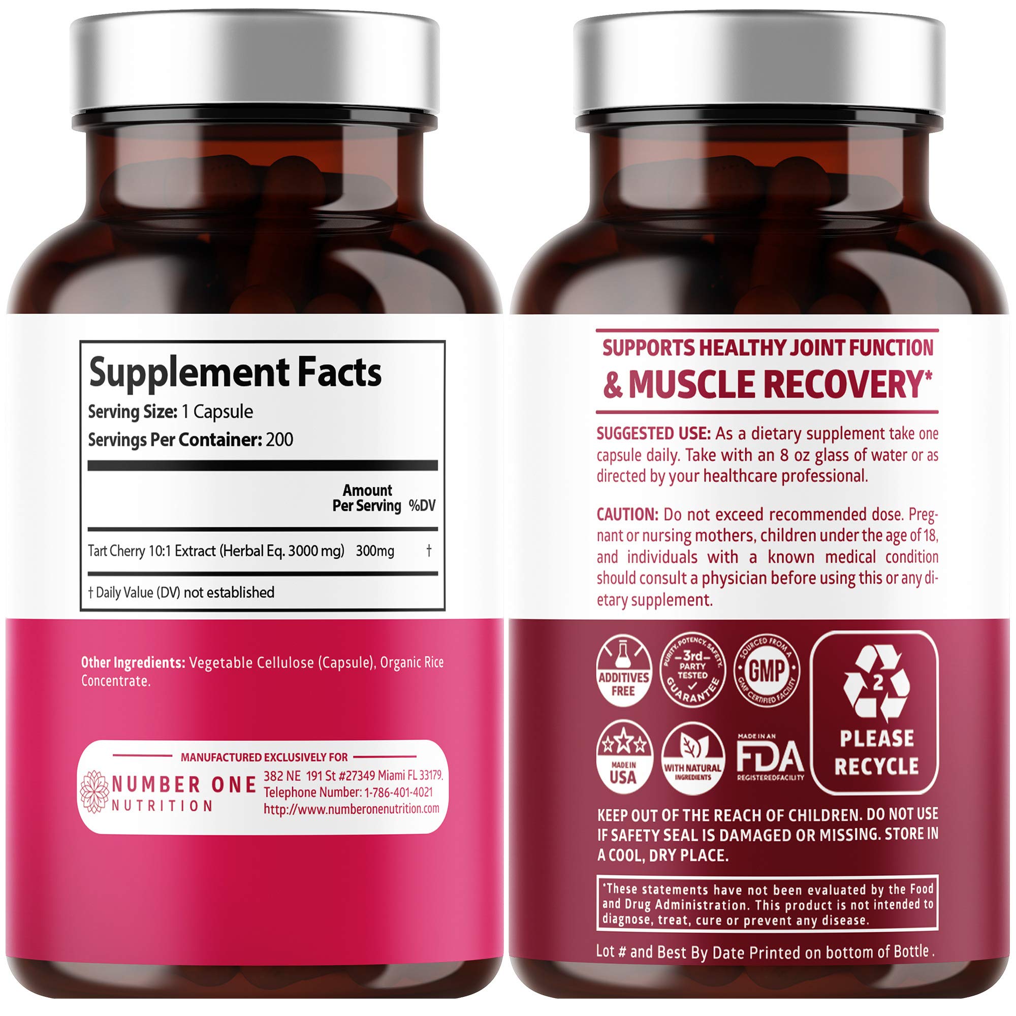 N1N Tart Cherry Extract capsules close-up highlighting 10x concentrate and muscle recovery potential.