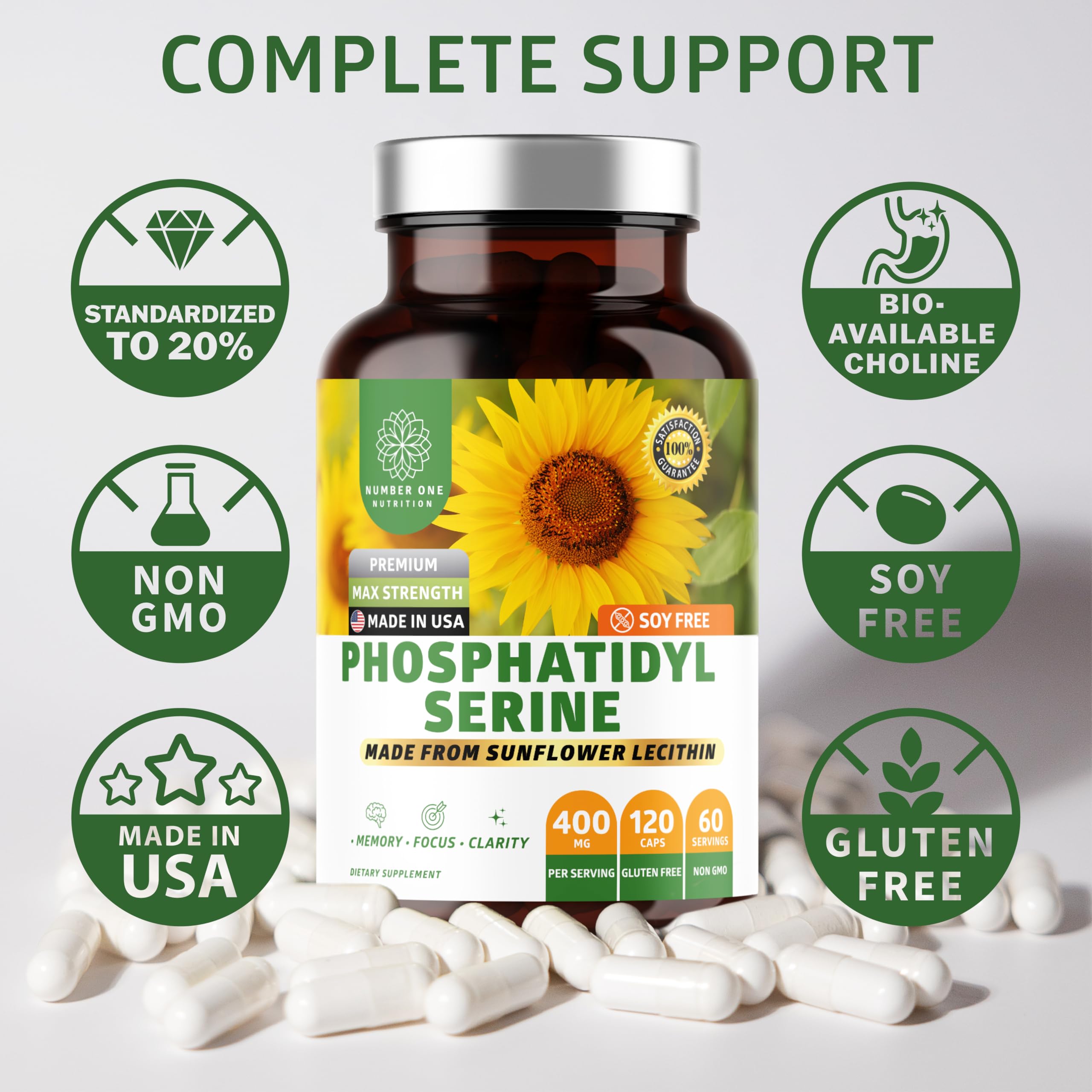 Number One Nutrition cap and label close-up highlighting non-GMO, soy-free formula.