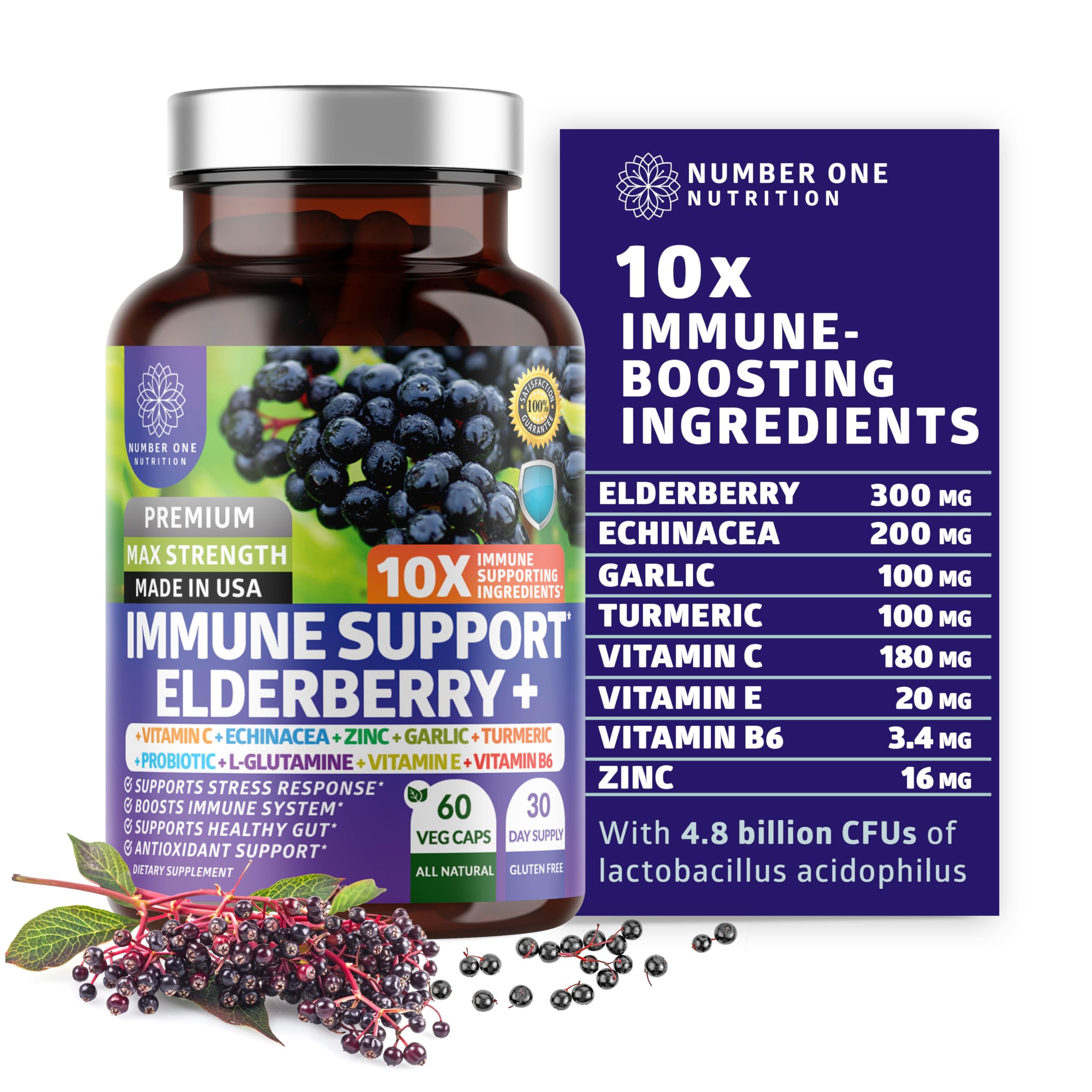 Number One Nutrition Premium 10 in 1 elderberry bottle promoting immune support potential