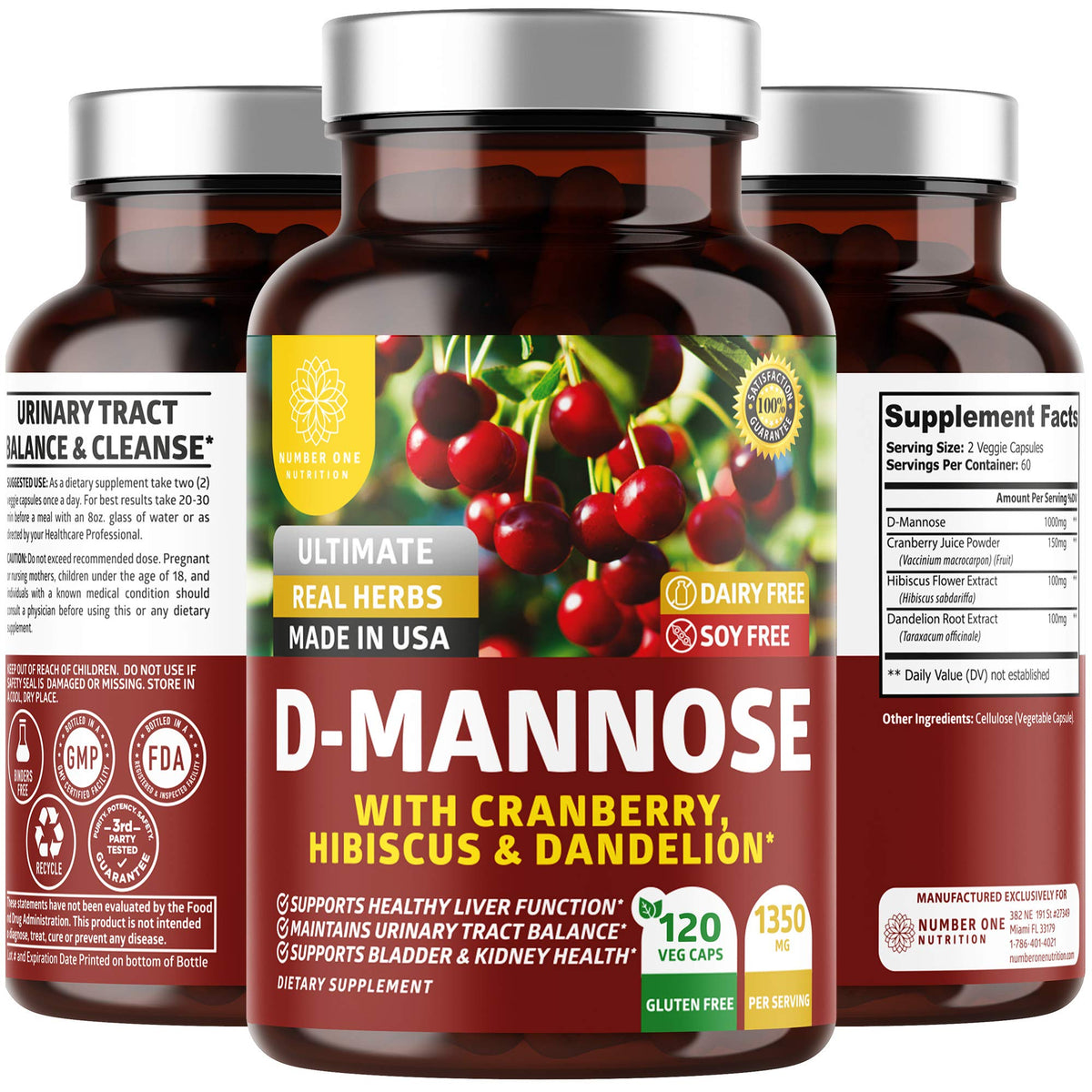 Number One Nutrition Premium D-Mannose bottle front with 1350 mg for urinary support.