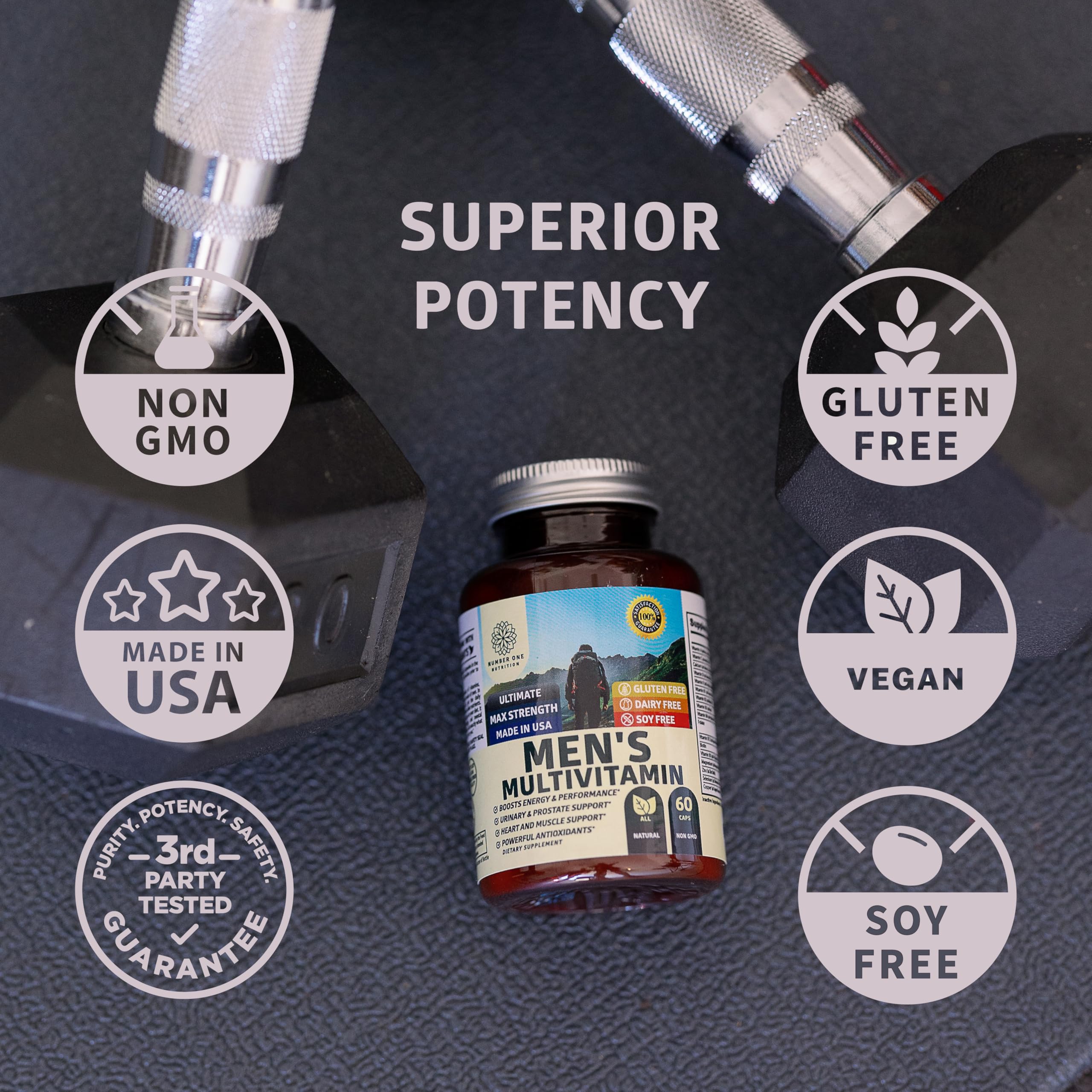 Number One Nutrition Premium Men packaging shows gluten-free, non-GMO credentials.