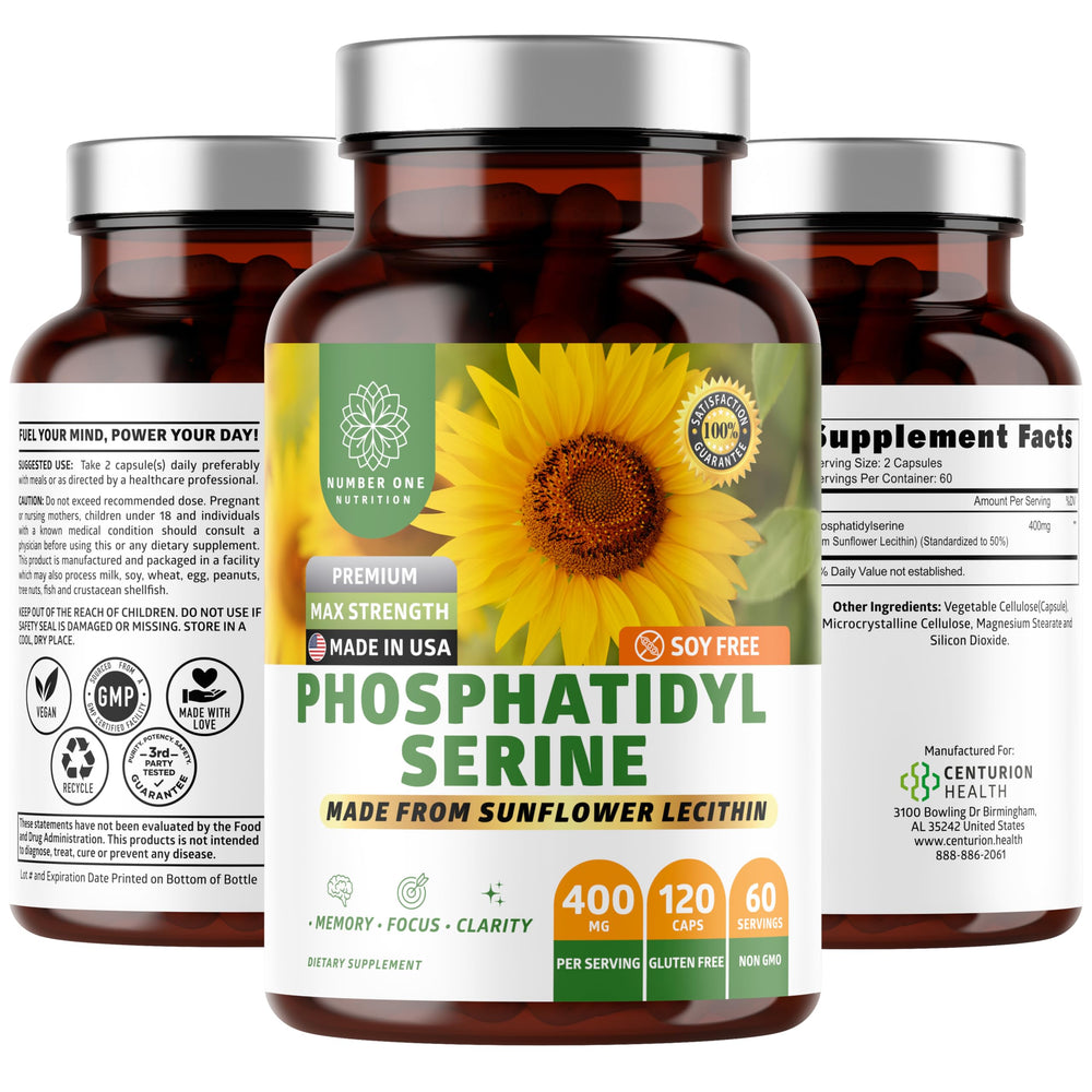 Number One Nutrition premium phosphatidylserine 400mg bottle label highlighting sunflower-derived formula for memory support.
