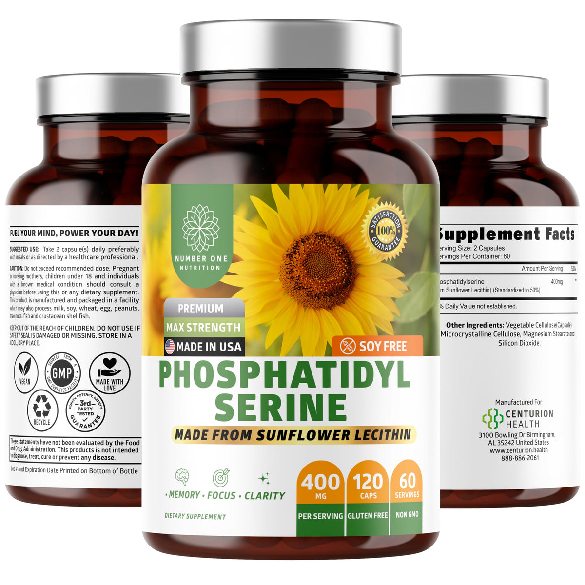 Number One Nutrition premium phosphatidylserine 400mg bottle label highlighting sunflower-derived formula for memory support.