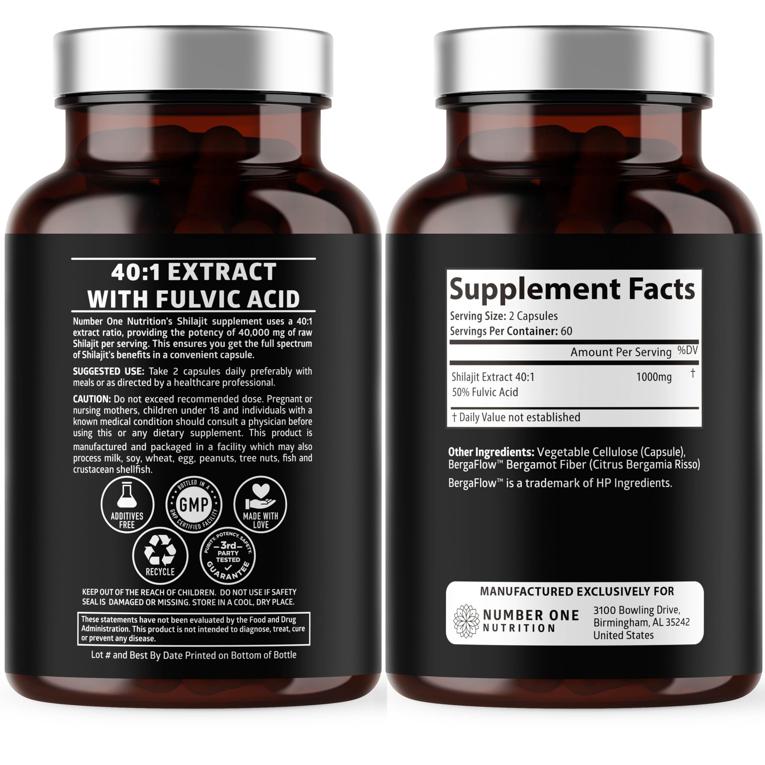 Number One Nutrition Shilajit capsules close-up shows 120 veggie caps for convenience.
