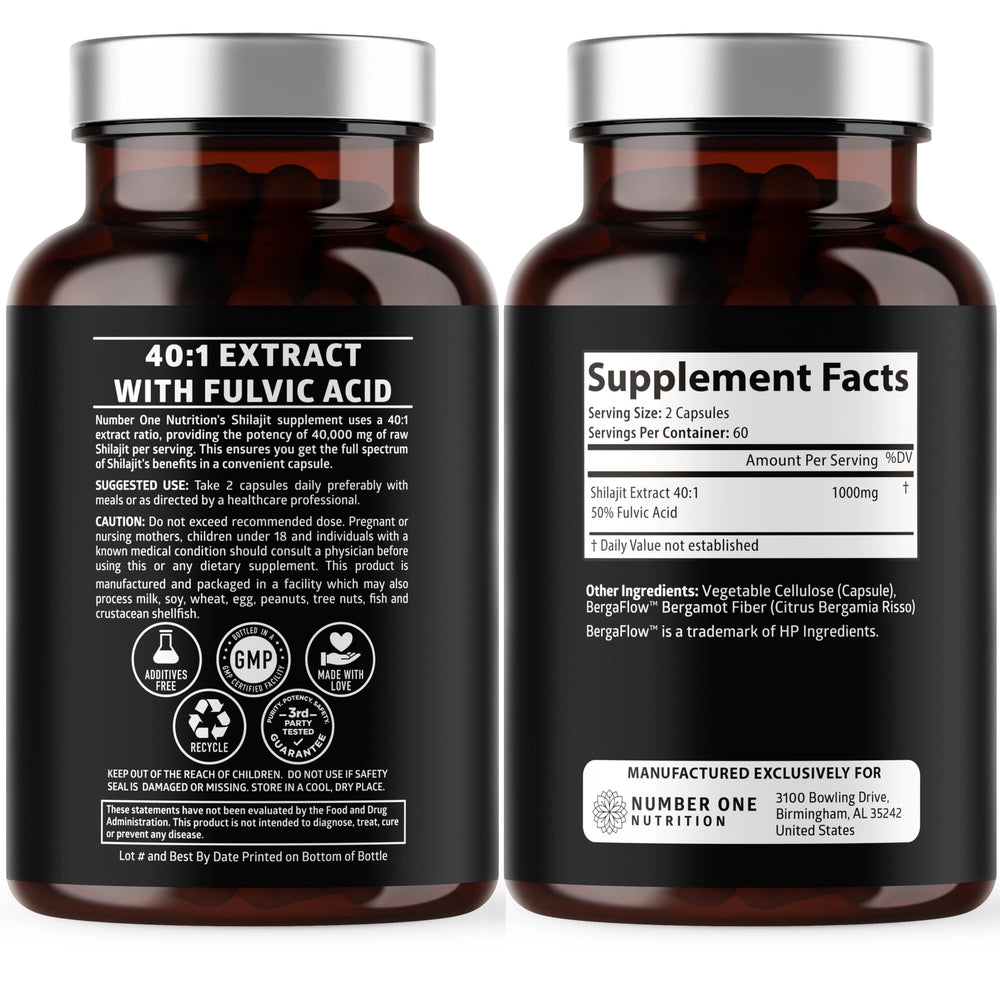 Number One Nutrition Shilajit capsules close-up shows 120 veggie caps for convenience.