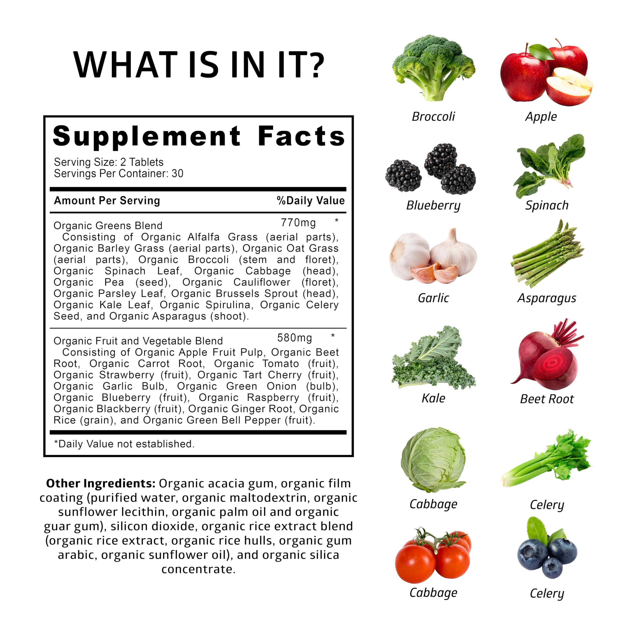 Number One Nutrition Supergreens ingredients panel showing 28 organic components.