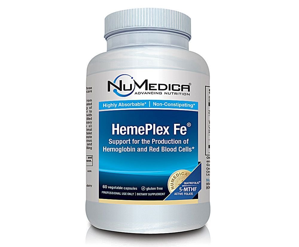 NuMedica HemePlex Fe 60 VegiCaps bottle close-up, vegetarian-friendly iron supplement.