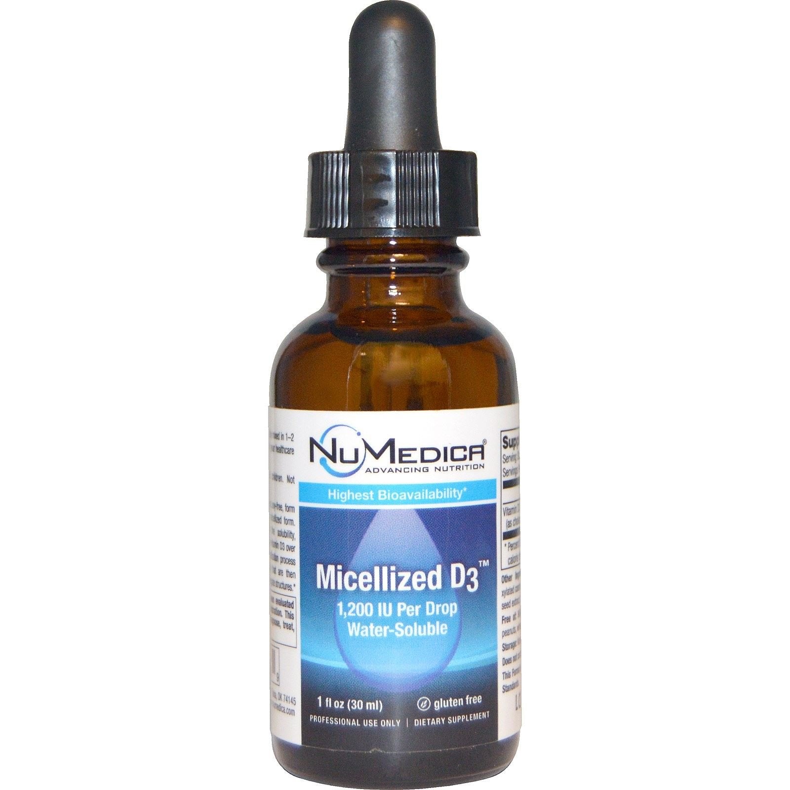 NuMedica micellized D3 1200 bottle in a compact 1 oz package for daily use