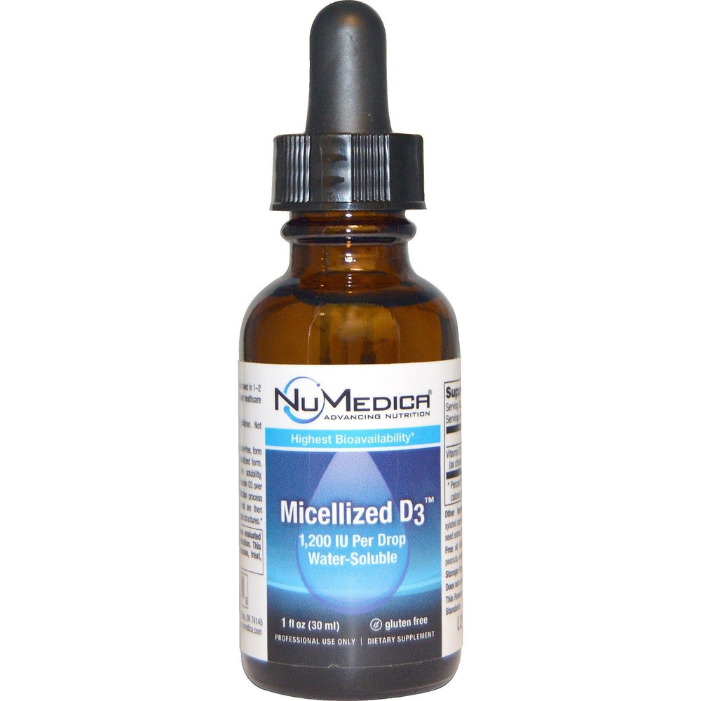 NuMedica micellized D3 1200 bottle in a compact 1 oz package for daily use