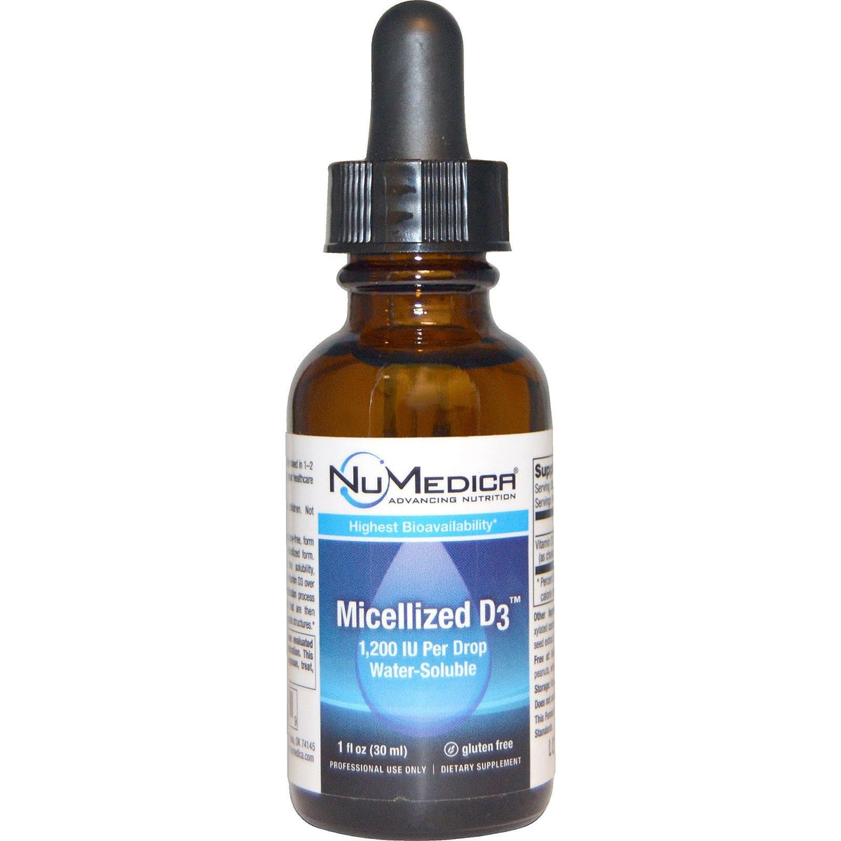 NuMedica micellized D3 1200 bottle in a compact 1 oz package for daily use