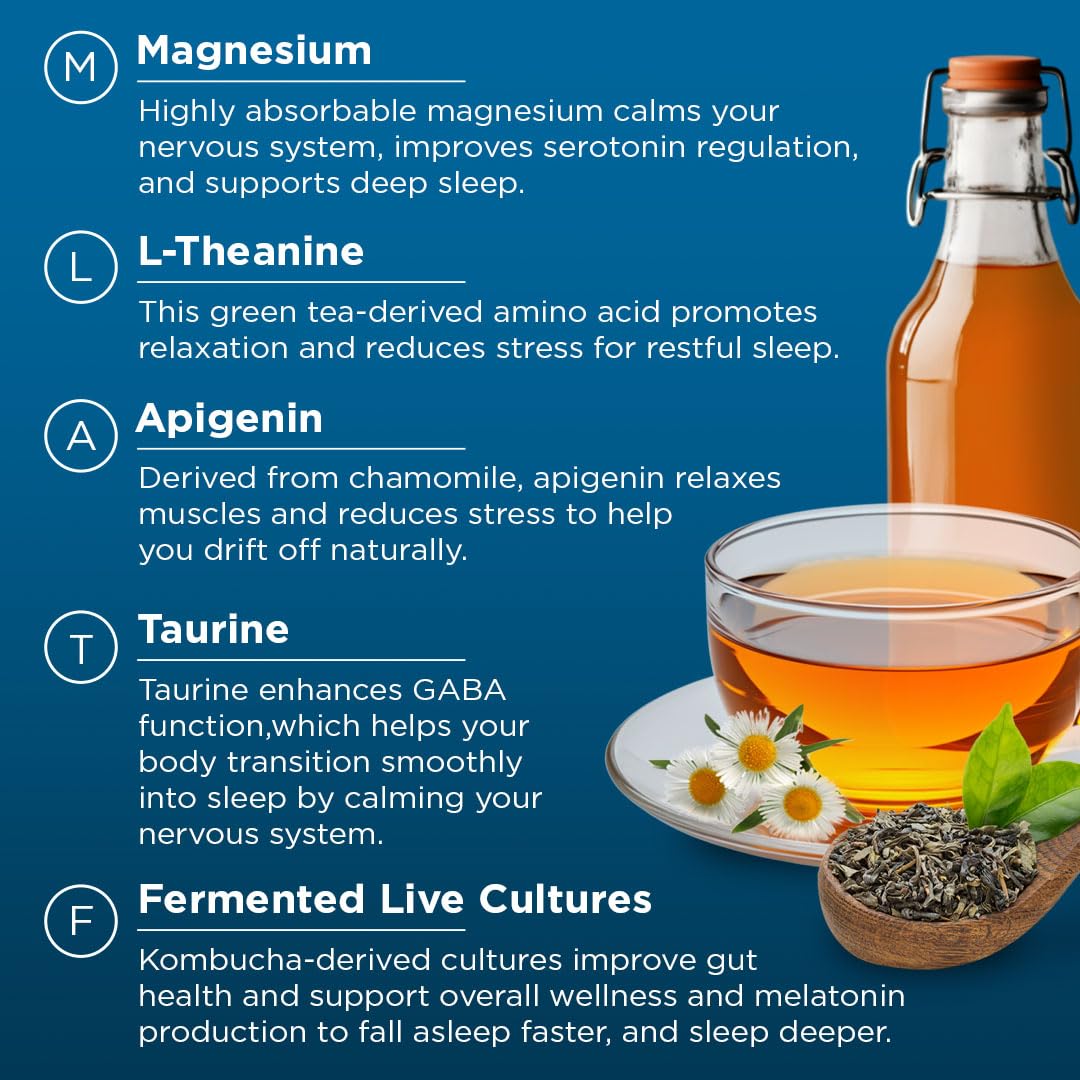 Numo ingredients graphic featuring magnesium L-theanine chamomile apigenin and kombucha culture.