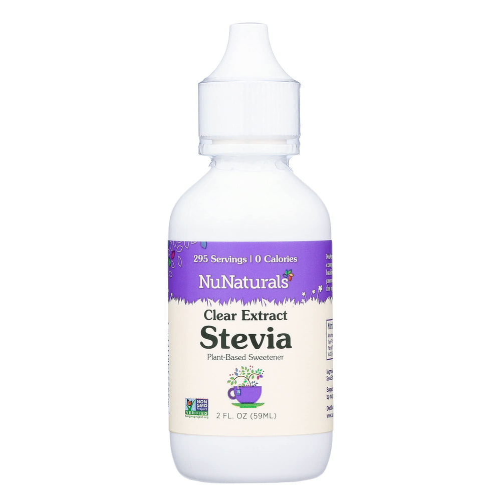 NuNaturals Clear Extract Stevia bottle with dropper, ideal for sugar-free beverages.