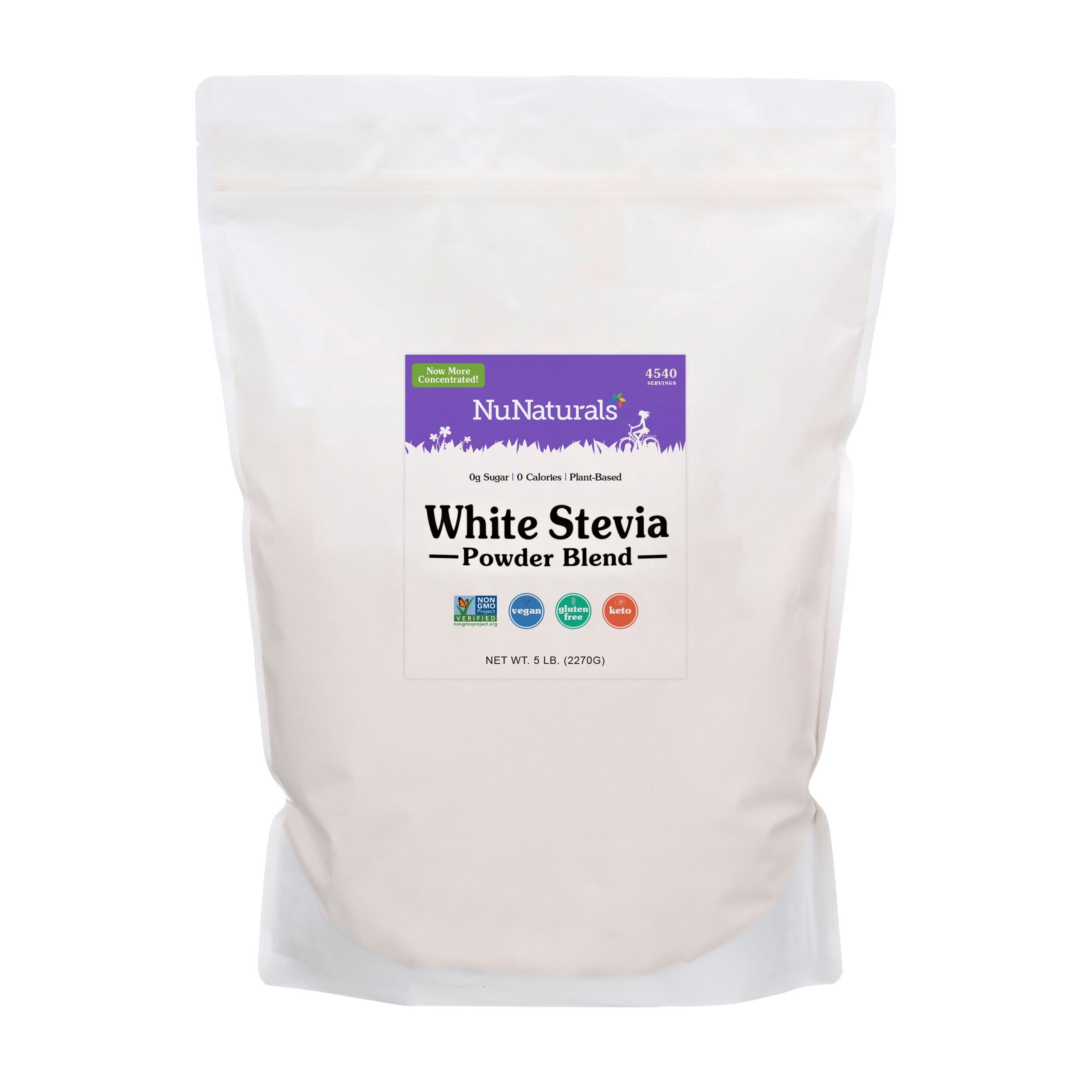 NuNaturals White Stevia Powder bag for easy measurement and zero-calorie sweetness.