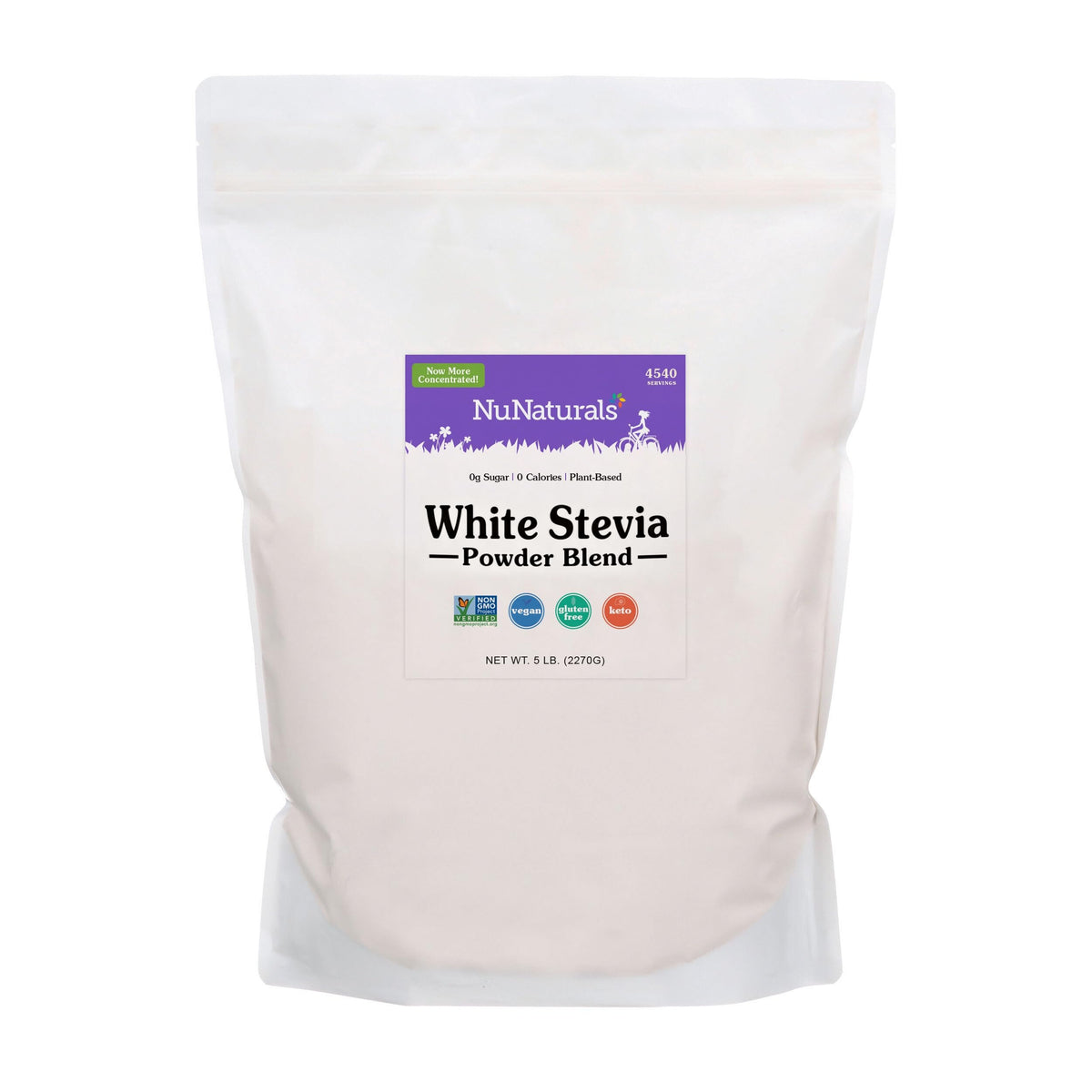 NuNaturals White Stevia Powder bag for easy measurement and zero-calorie sweetness.